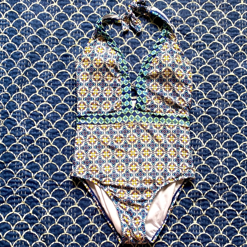 Blue Tile Print One Piece Swimsuit